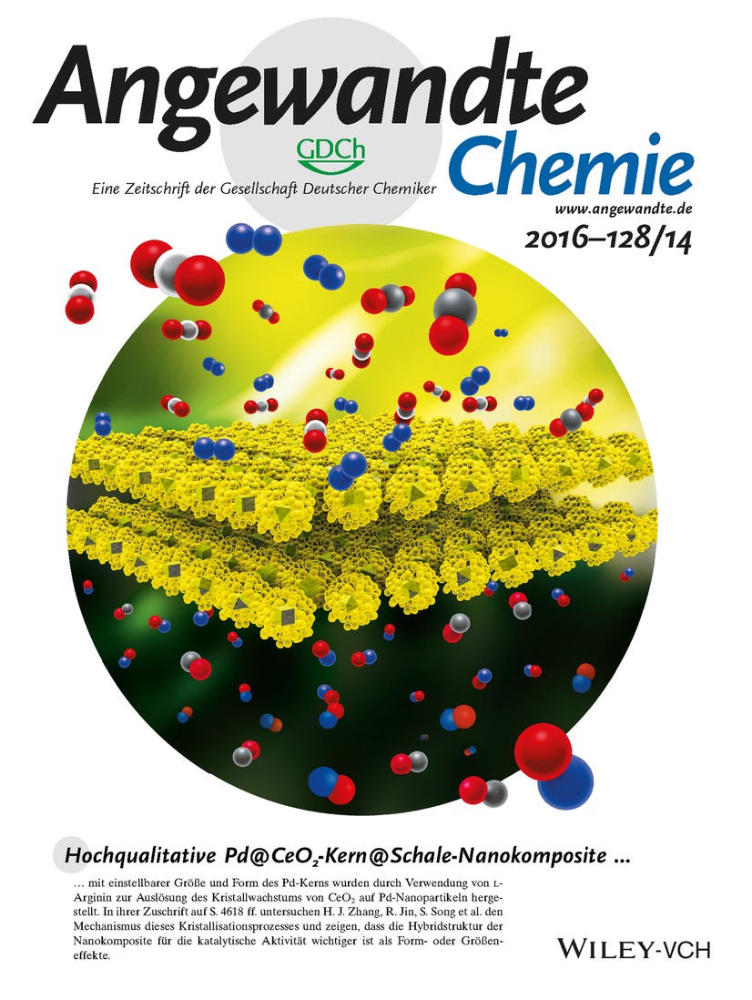Innenrücktitelbild: l-Arginine-Triggered Self-Assembly of CeO2 Nanosheaths on Palladium Nanoparticles in Water (Angew. Chem. 14/2016) Volume 128 Issue 14, 2016