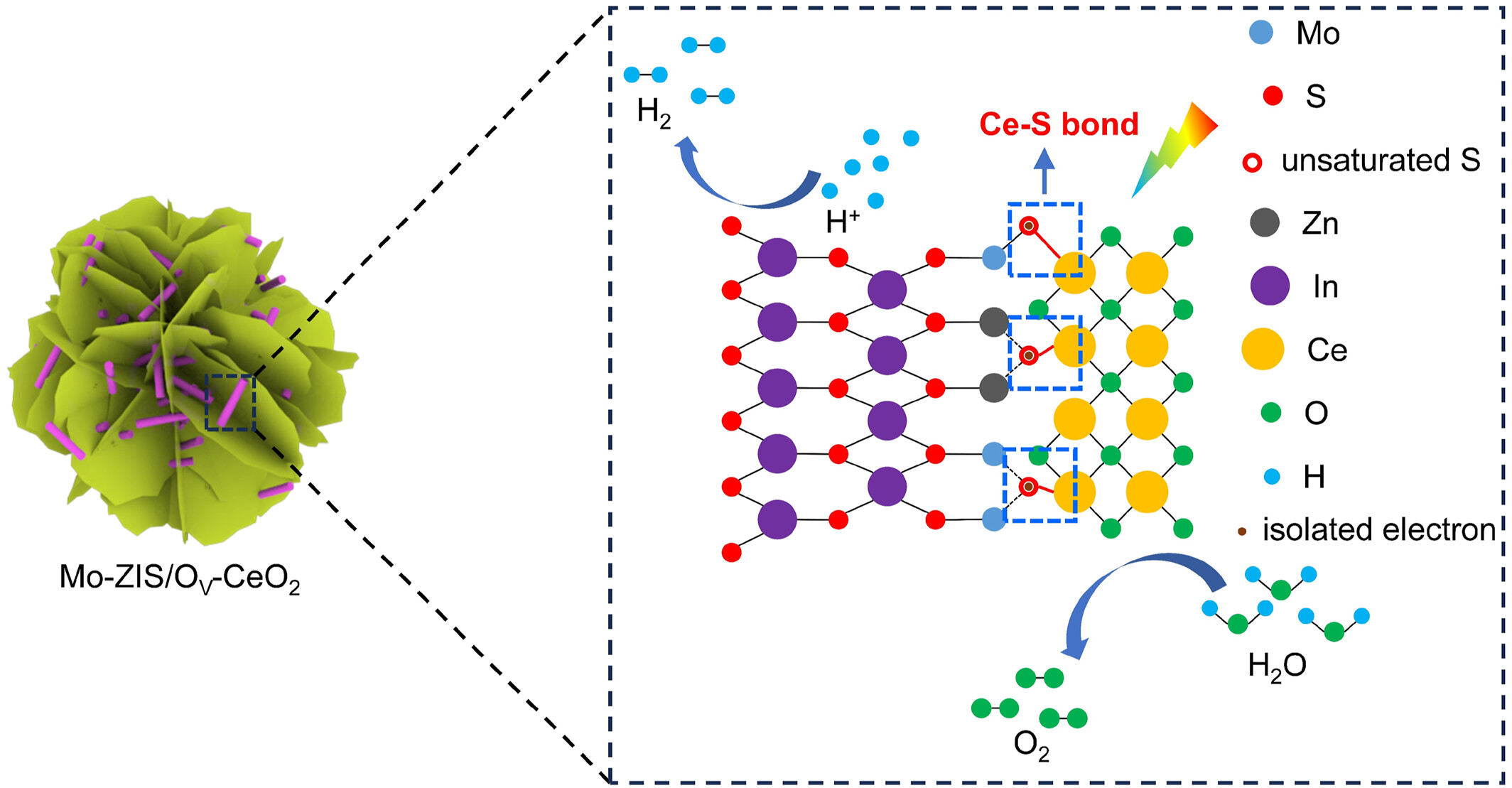 Interfacial Ce-S bonds enhanced Mo-doped ZnIn2S4/oxygen-deficient CeO2 S-scheme heterojunction for efficient photocatalytic overall water splitting