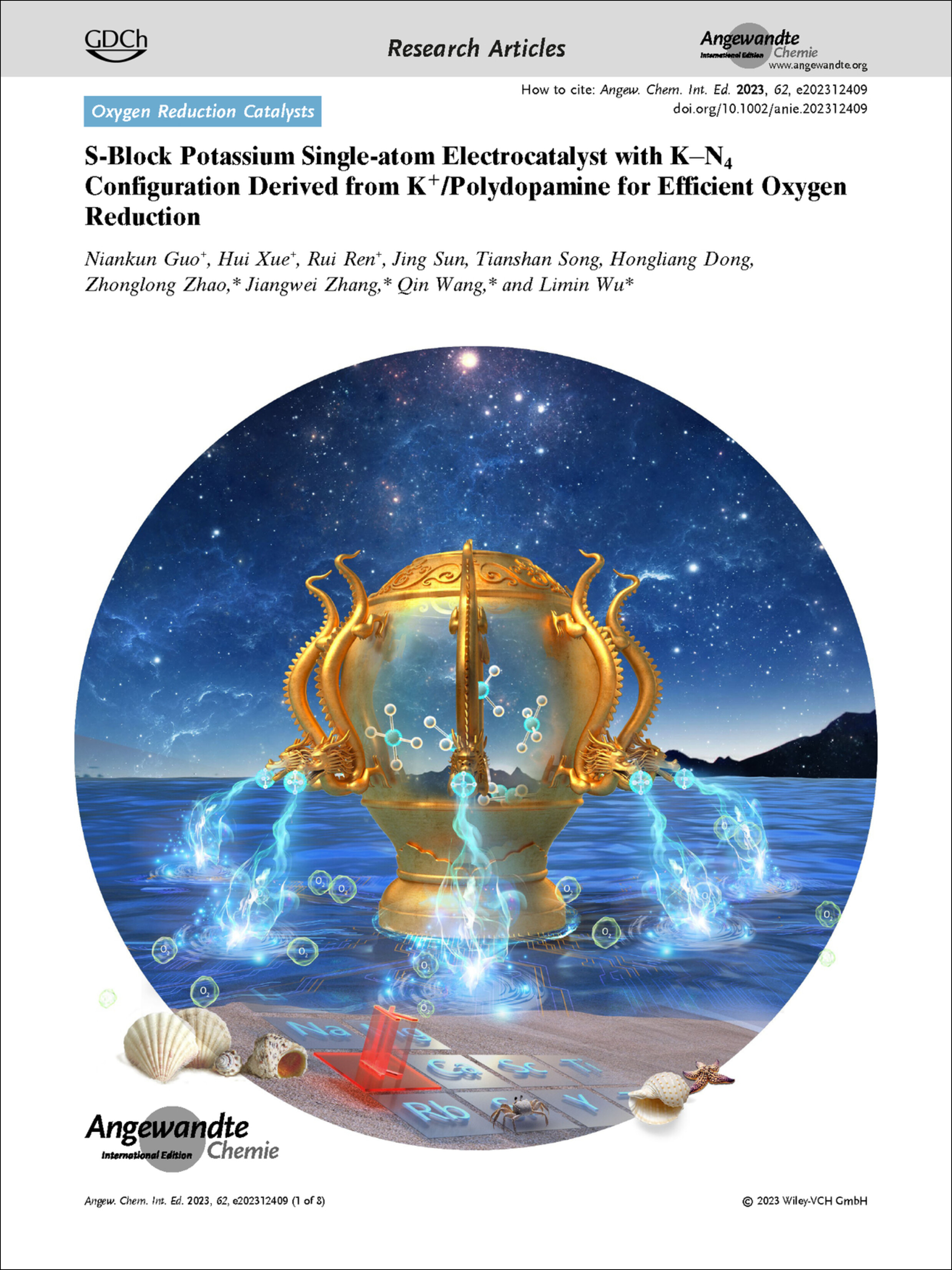 Frontispiece: S-Block Potassium Single-atom Electrocatalyst with K−N4 Configuration Derived from K+/Polydopamine for Efficient Oxygen Reduction Volume 62 Issue 50, 2023