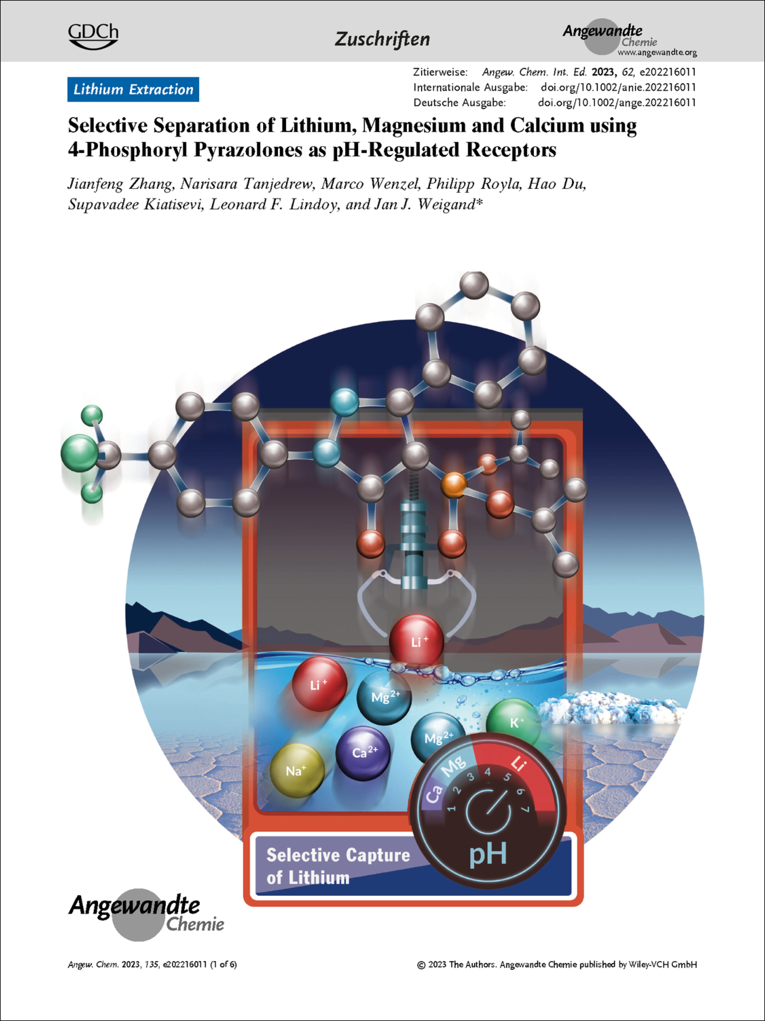 Frontispiz: Selective Separation of Lithium, Magnesium and Calcium using 4-Phosphoryl Pyrazolones as pH-Regulated Receptors Volume 135 Issue 13, 2023