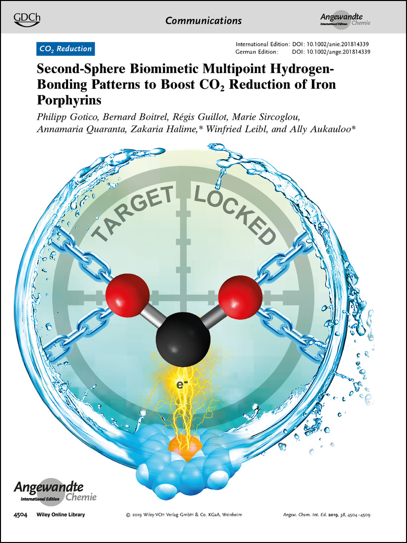 Frontispiece: Second-Sphere Biomimetic Multipoint Hydrogen-Bonding Patterns to Boost CO2 Reduction of Iron Porphyrins Volume 58 Issue 14, 2019