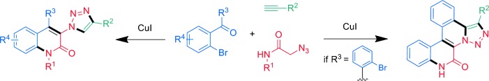 Copper-Catalyzed Domino Cycloaddition/C<span class='icomoon'></span>N Coupling/Cyclization/(C<span class='icomoon'></span>H Arylation): An Efficient Three-Component Synthesis of Nitrogen Polyheterocycles