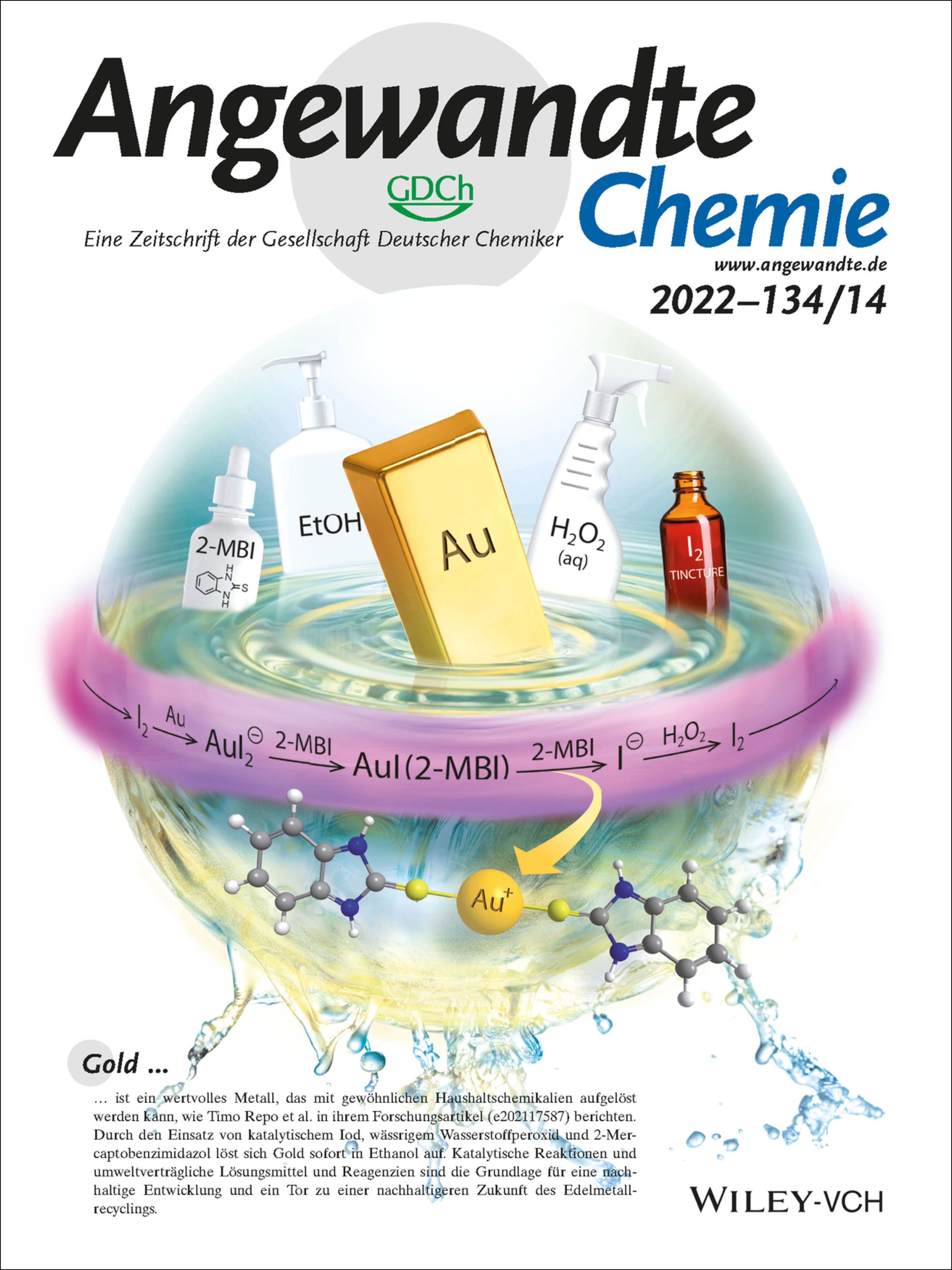 Innentitelbild: Iodine-Catalysed Dissolution of Elemental Gold in Ethanol (Angew. Chem. 14/2022) Volume 134 Issue 14, 2022