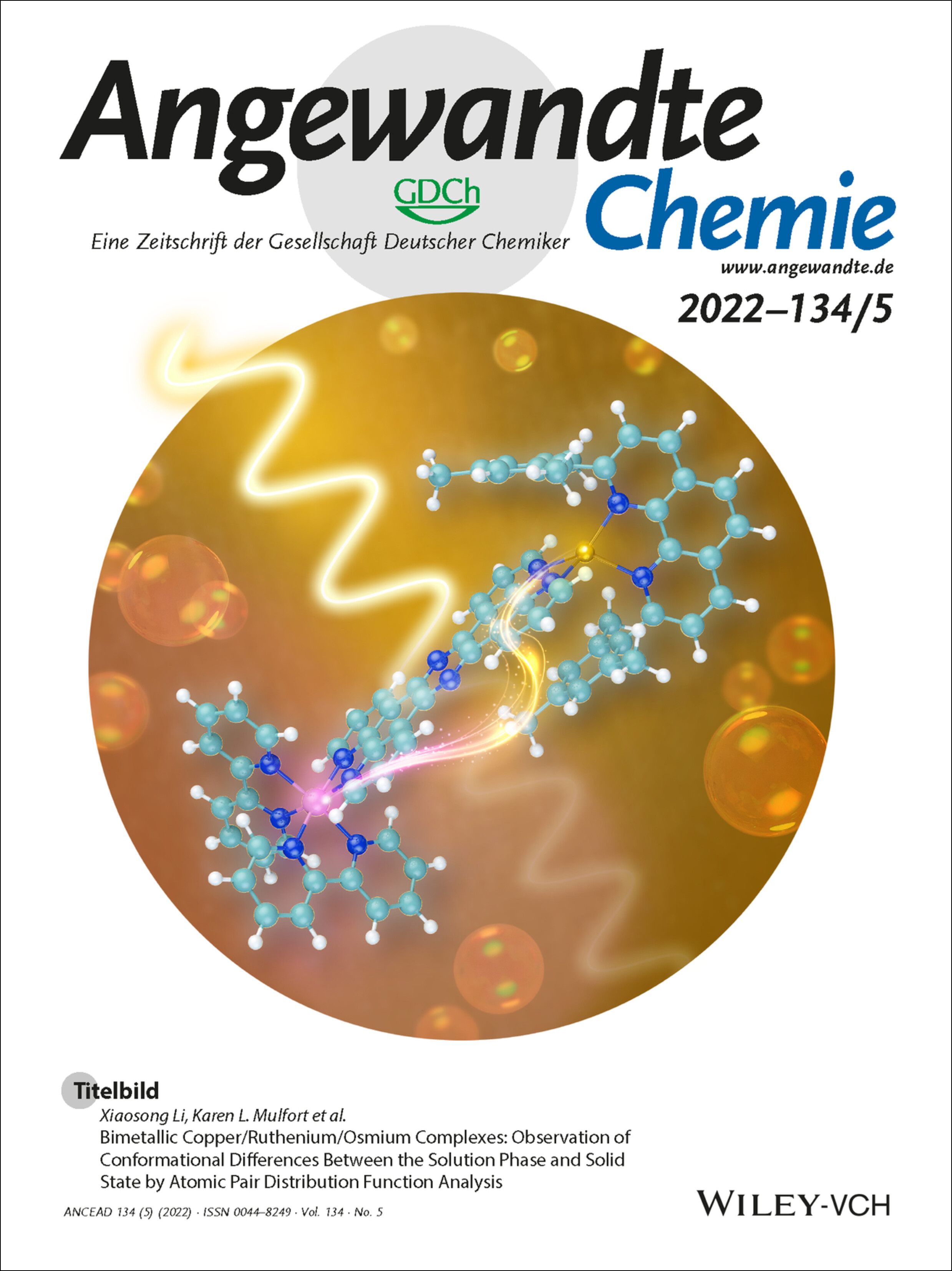 Titelbild: Bimetallic Copper/Ruthenium/Osmium Complexes: Observation of Conformational Differences Between the Solution Phase and Solid State by Atomic Pair Distribution Function Analysis (Angew. Chem. 5/2022) Volume 134 Issue 5, 2022