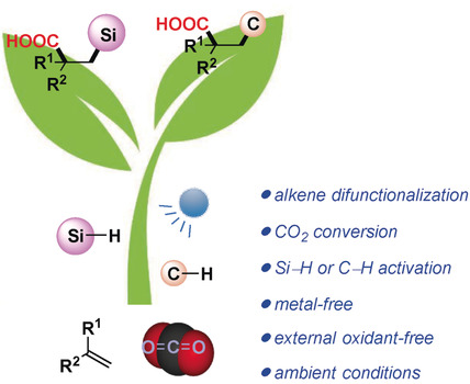 Visible-Light-Mediated Metal-Free Difunctionalization of Alkenes with CO2 and Silanes or C(sp3)−H Alkanes