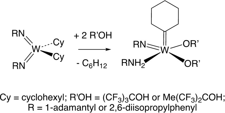 Syntheses of Tungsten Imido Cyclohexylidene Complexes Using Perfluoro-t-Butanol or Hexafluoro-t-Butanol as Acids