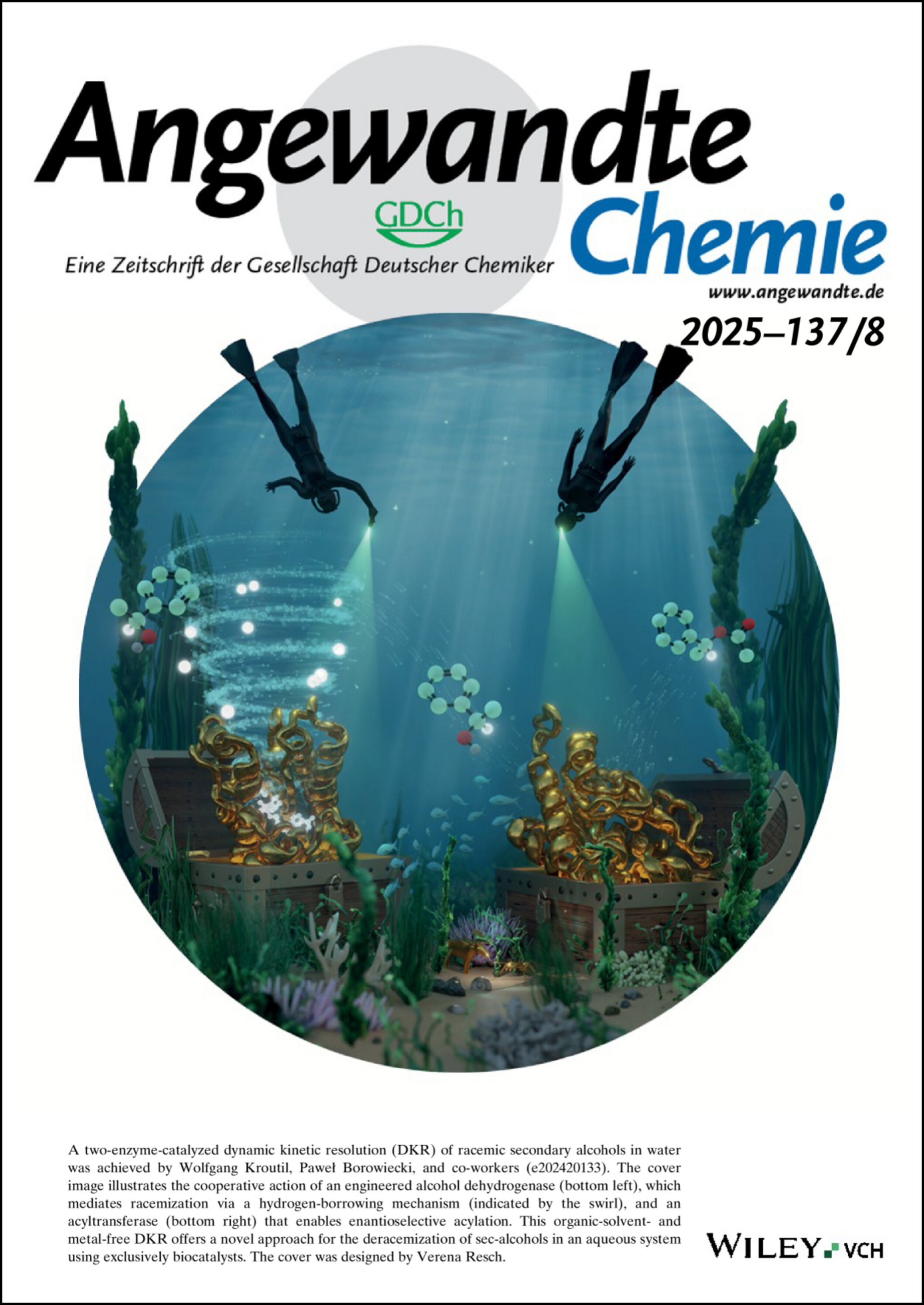 Innentitelbild: Bienzymatic Dynamic Kinetic Resolution of Secondary Alcohols by Esterification/Racemization in Water (Angew. Chem. 8/2025) Volume 137 Issue 8, 2025