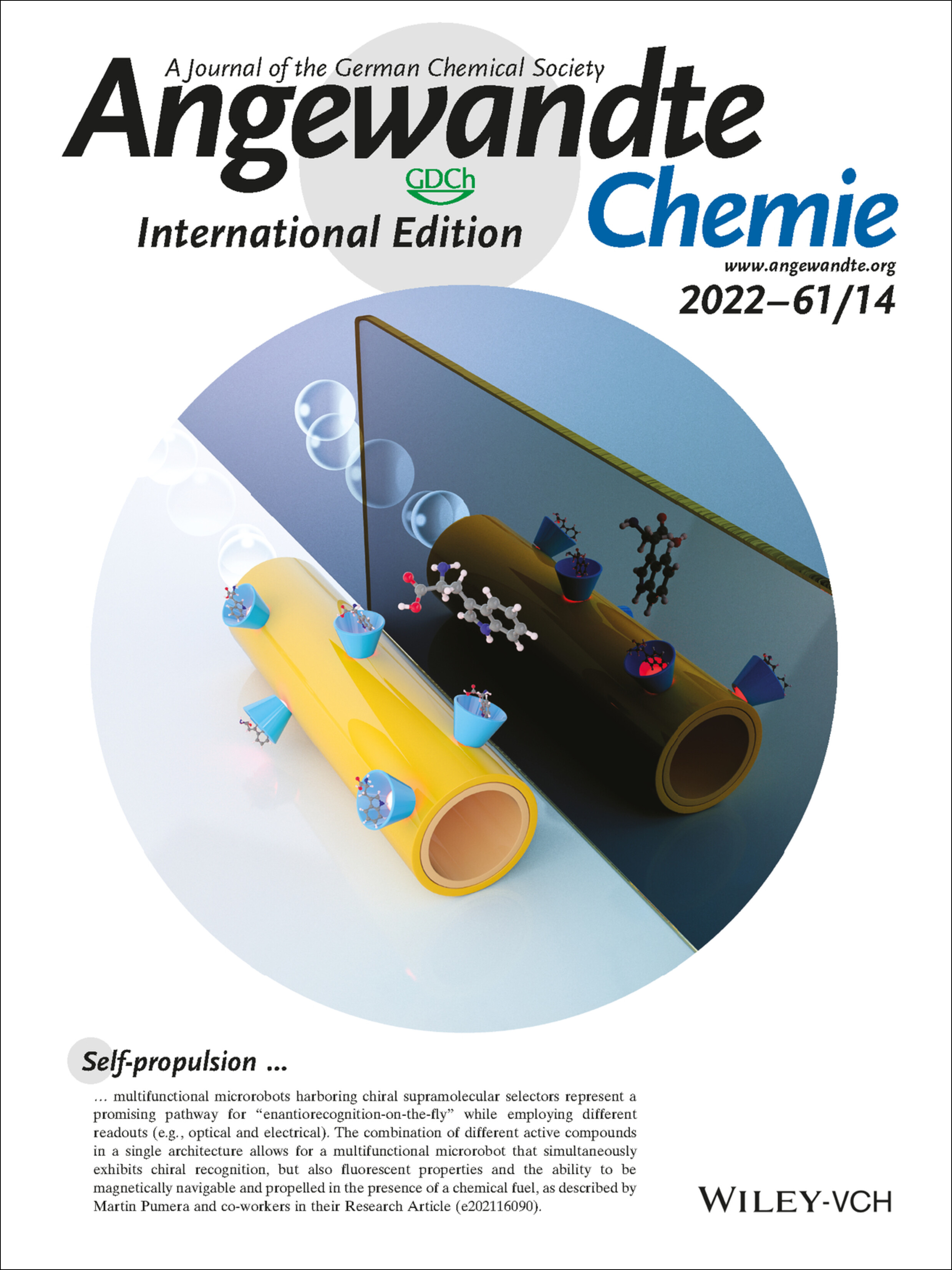 Inside Back Cover: Self-Propelled Multifunctional Microrobots Harboring Chiral Supramolecular Selectors for “Enantiorecognition-on-the-Fly” (Angew. Chem. Int. Ed. 14/2022) Volume 61 Issue 14, 2022