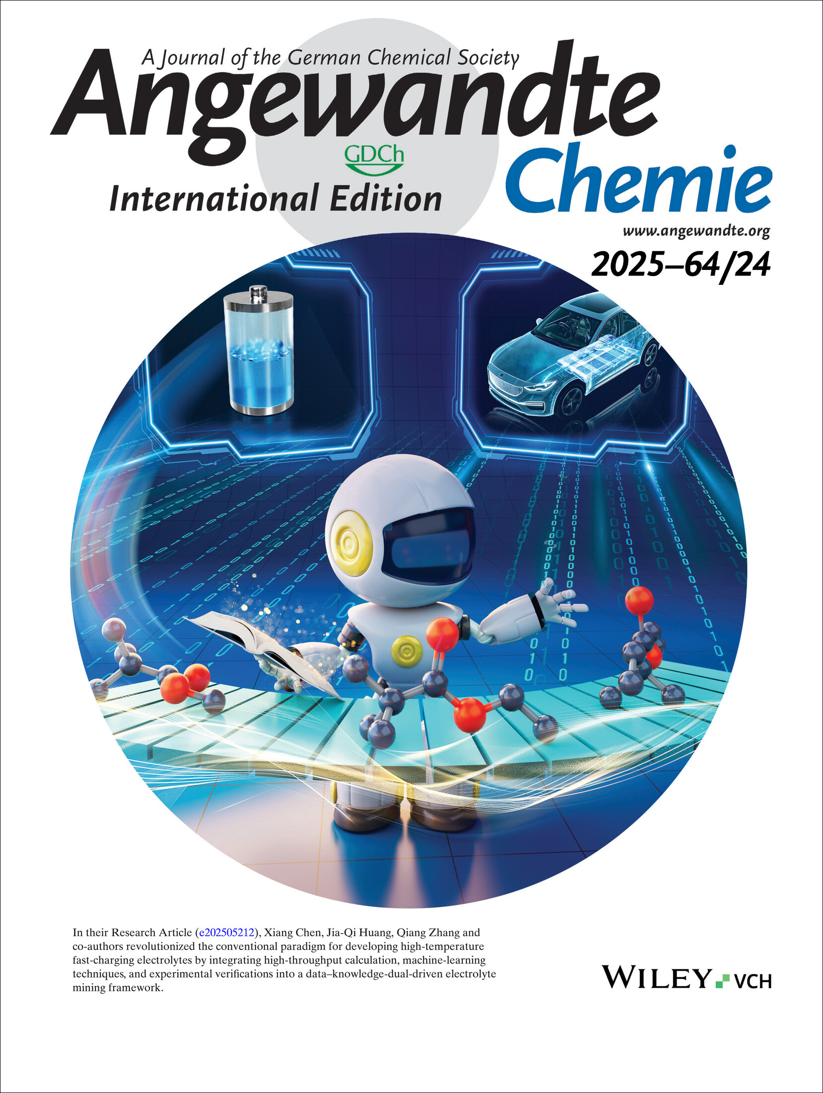 Outside Back Cover: Data–Knowledge-Dual-Driven Electrolyte Design for Fast-Charging Lithium Ion Batteries (Angew. Chem. Int. Ed. 24/2025) Volume 64 Issue 24, 2025