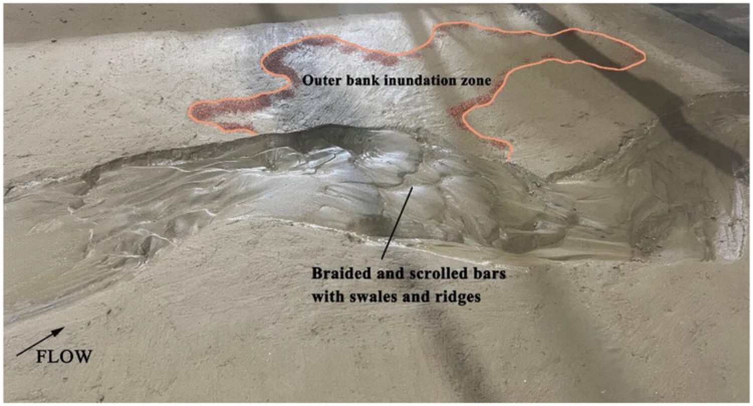 Riparian vegetation's effects on the evolution of an experimental meandering channel driven by an upper vortex flow
