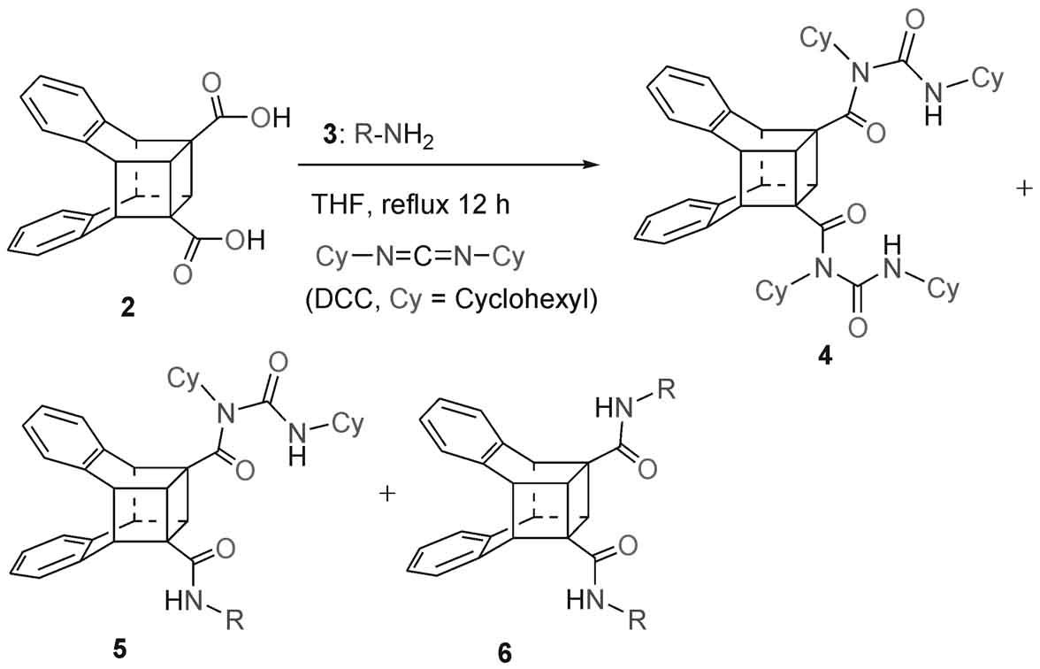 Reactivity of Carboxyl-functionalized Cubane-like Photocyclodimer of 2-Substituted Naphthalene toward Aromatic Amines