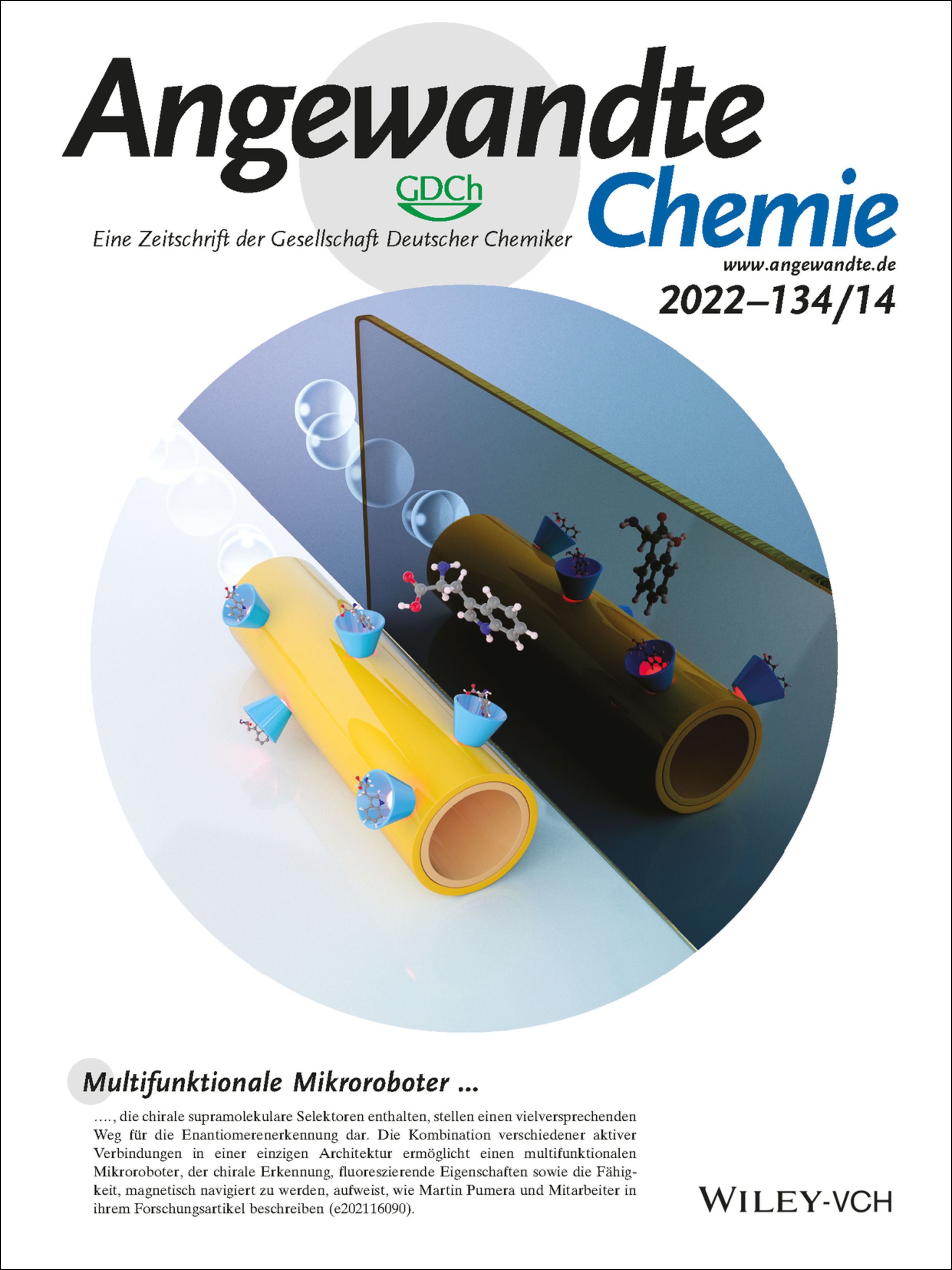 Innenrücktitelbild: Self-Propelled Multifunctional Microrobots Harboring Chiral Supramolecular Selectors for “Enantiorecogniton-on-the-Fly” (Angew. Chem. 14/2022) Volume 134 Issue 14, 2022