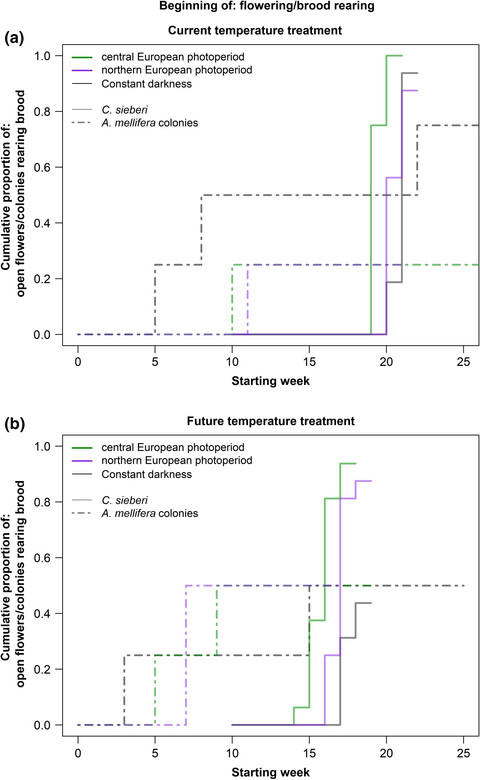 Effects of temperature and photoperiod on the seasonal timing of Western honey bee colonies and an early spring flowering plant