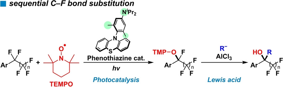 Sequential C−F Bond Transformation of the Difluoromethylene Unit in Perfluoroalkyl Groups: A Combination of Fine-Tuned Phenothiazine Photoredox Catalyst and Lewis Acid