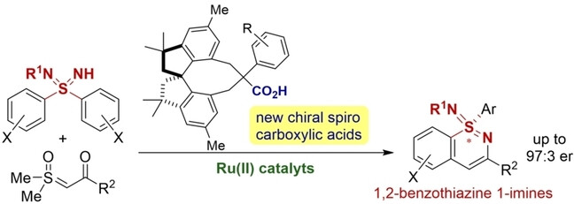 Enantioselective Synthesis of 1,2-Benzothiazine 1-Imines via RuII/Chiral Carboxylic Acid-Catalyzed C−H Alkylation/Cyclization