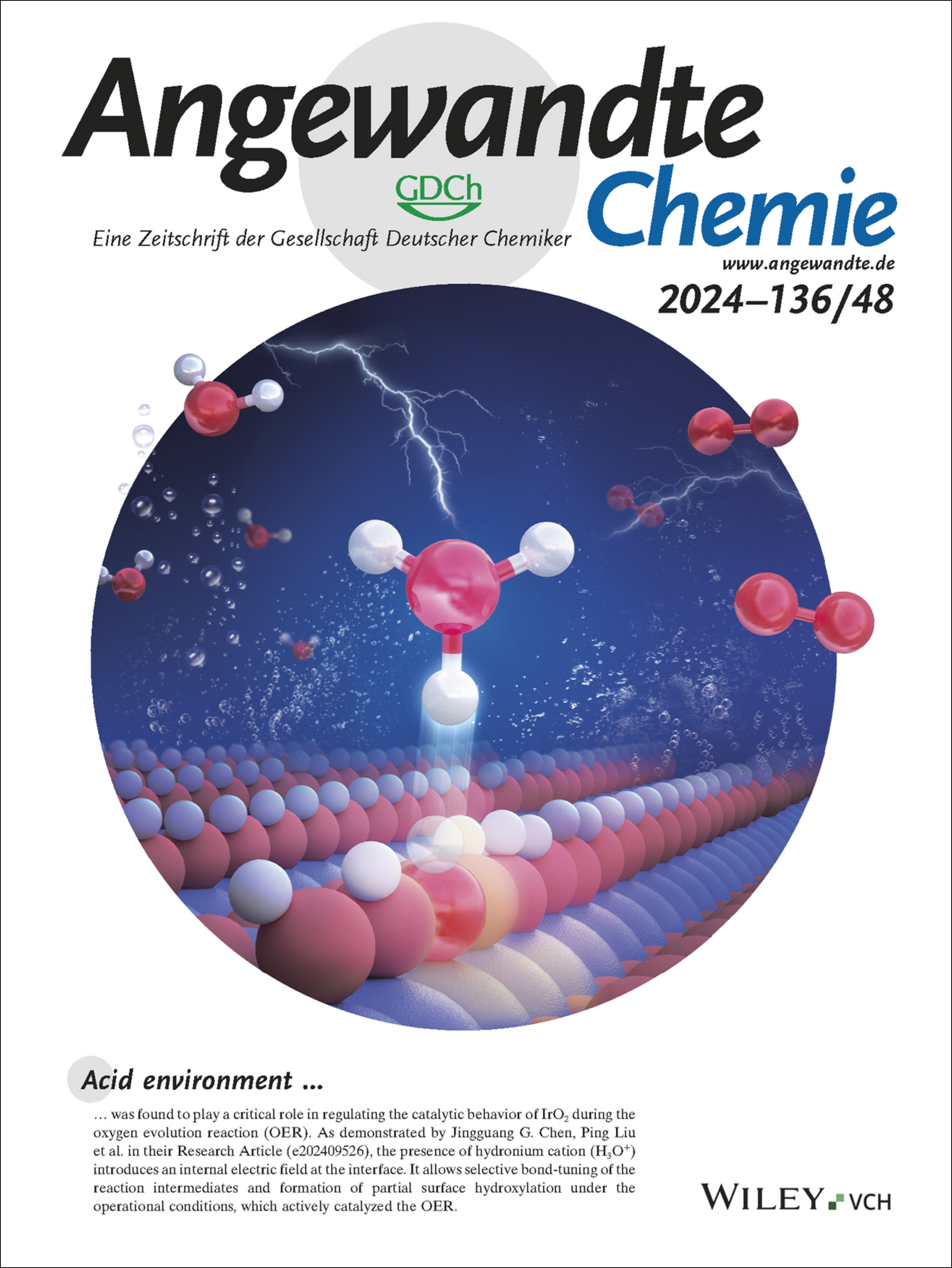 Innenrücktitelbild: Rationalizing Acidic Oxygen Evolution Reaction over IrO2: Essential Role of Hydronium Cation (Angew. Chem. 48/2024) Volume 136 Issue 48, 2024