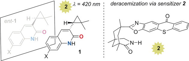 Enantioselective Visible-Light-Mediated Formation of 3-Cyclopropylquinolones by Triplet-Sensitized Deracemization