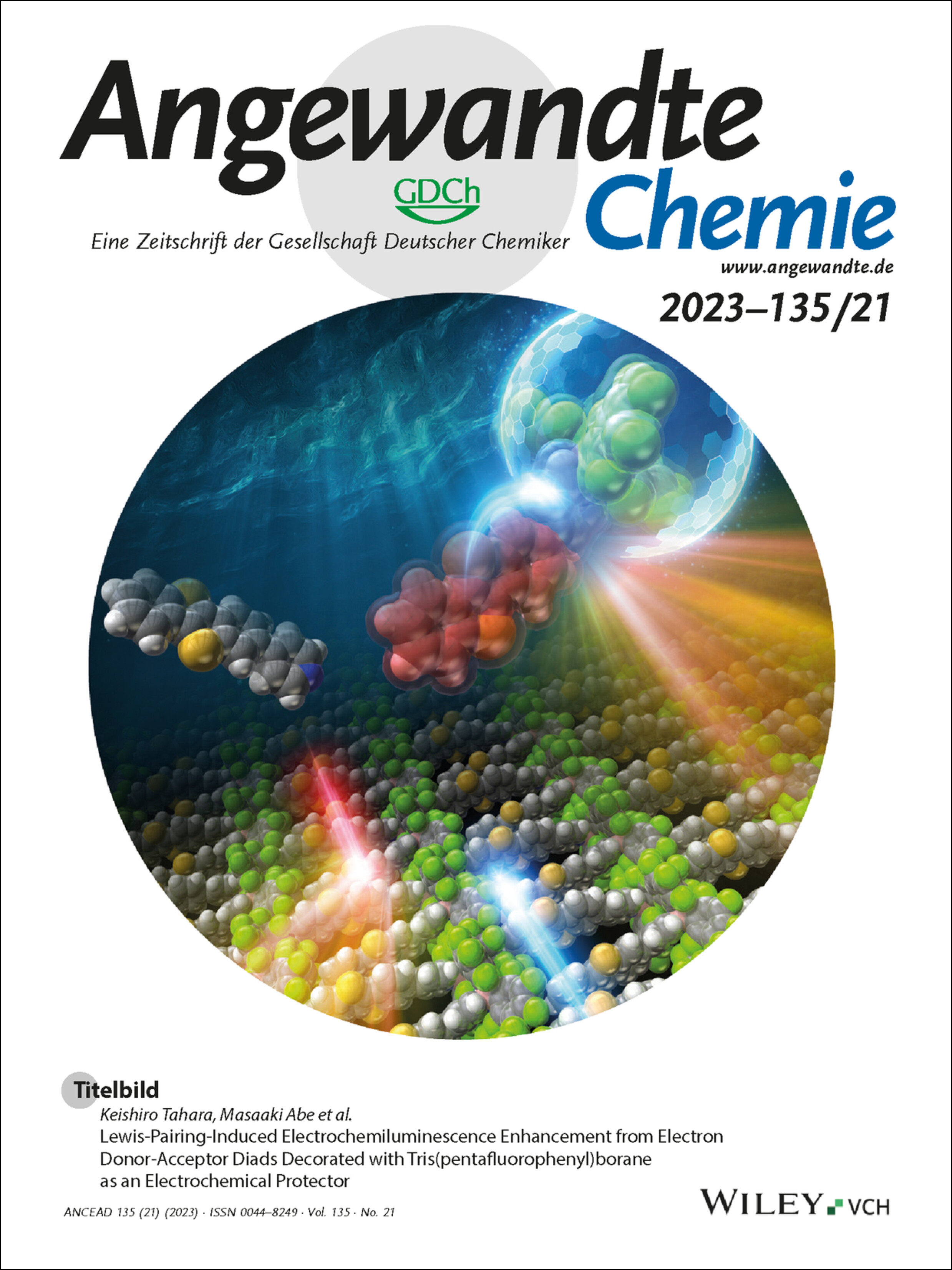 Titelbild: Lewis-Pairing-Induced Electrochemiluminescence Enhancement from Electron Donor-Acceptor Diads Decorated with Tris(pentafluorophenyl)borane as an Electrochemical Protector (Angew. Chem. 21/2023) Volume 135 Issue 21, 2023