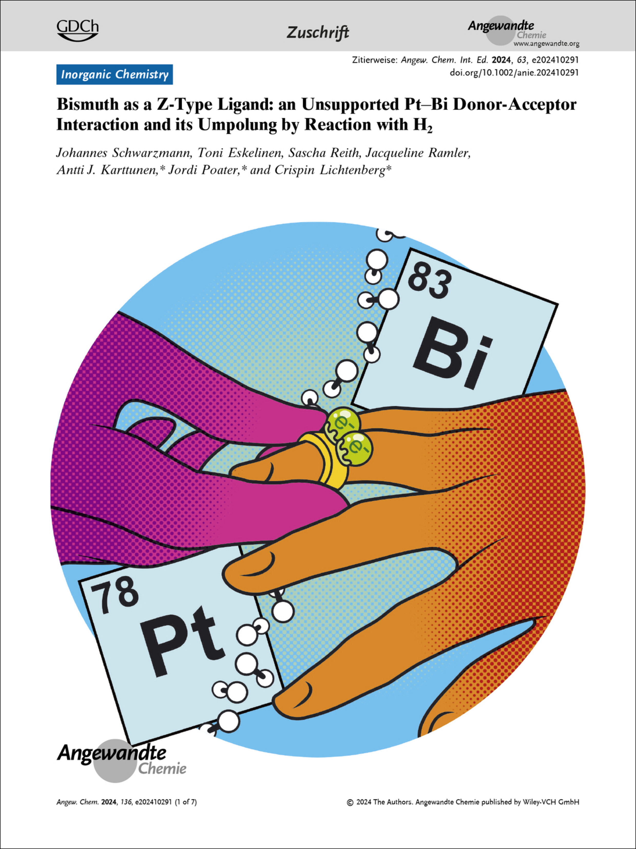 Frontispiz: Bismuth as a Z-Type Ligand: an Unsupported Pt−Bi Donor-Acceptor Interaction and its Umpolung by Reaction with H2 Volume 136 Issue 41, 2024