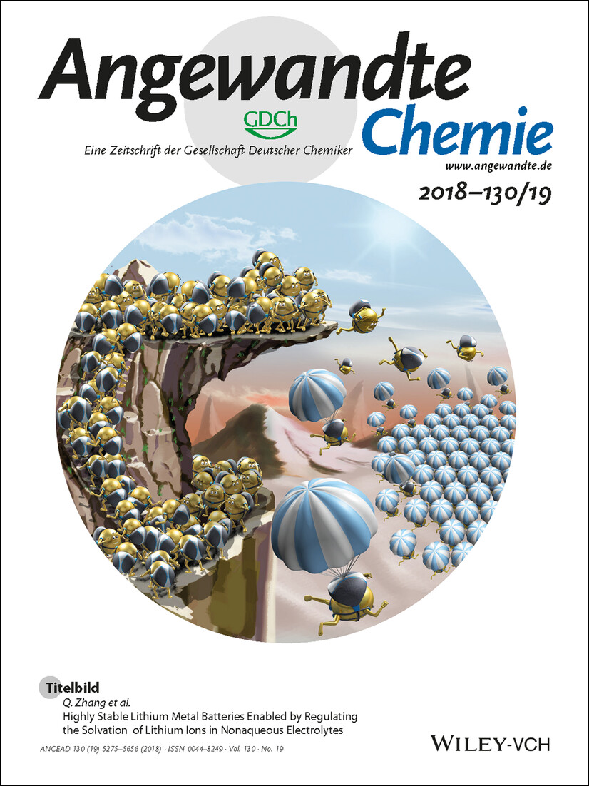 Titelbild: Highly Stable Lithium Metal Batteries Enabled by Regulating the Solvation of Lithium Ions in Nonaqueous Electrolytes (Angew. Chem. 19/2018) Volume 130 Issue 19, 2018