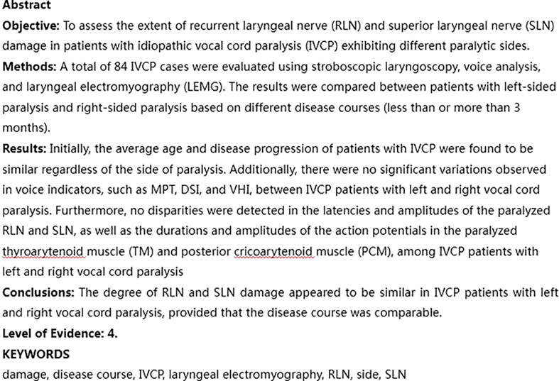 A comparative analysis of laryngeal nerve damage in patients with idiopathic vocal cord paralysis exhibiting different paralytic sides