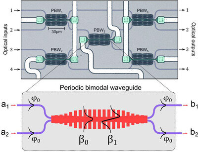 Silicon Programmable Photonic Circuits Based on Periodic Bimodal Waveguides