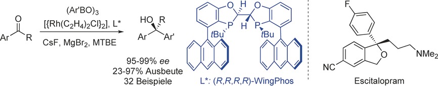 Highly Enantioselective Rhodium-Catalyzed Addition of Arylboroxines to Simple Aryl Ketones: Efficient Synthesis of Escitalopram