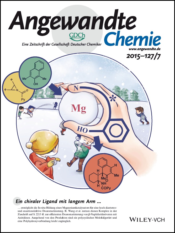 Innenrücktitelbild: Intermolecular Enantioselective Dearomatization Reaction of β-Naphthol Using meso-Aziridine: A Bifunctional In Situ Generated Magnesium Catalyst (Angew. Chem. 7/2015)