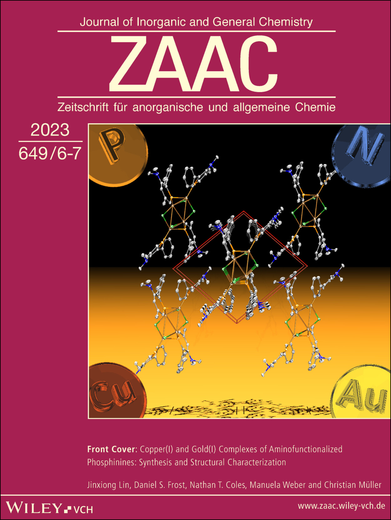 Front Cover: Copper(I) and Gold(I) Complexes of Aminofunctionalized Phosphinines: Synthesis and Structural Characterization (Z. Anorg. Allg. Chem. 6-7/2023)