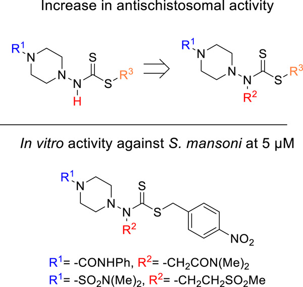 From dithiocarbamates to branched dithiocarbazates: Compounds with potent antischistosomal activity