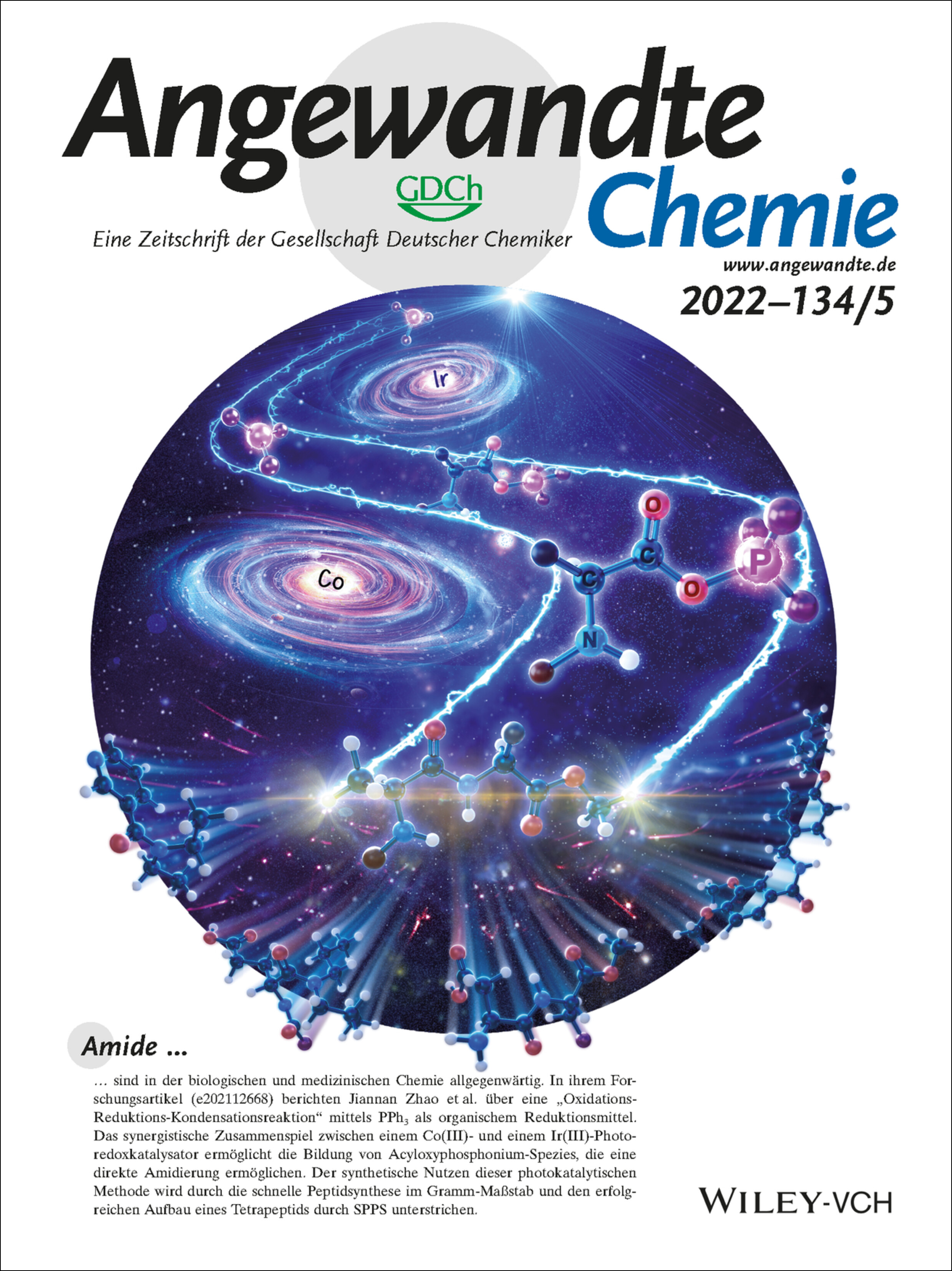 Innenrücktitelbild: Generation of Oxyphosphonium Ions by Photoredox/Cobaloxime Catalysis for Scalable Amide and Peptide Synthesis in Batch and Continuous-Flow (Angew. Chem. 5/2022) Volume 134 Issue 5, 2022