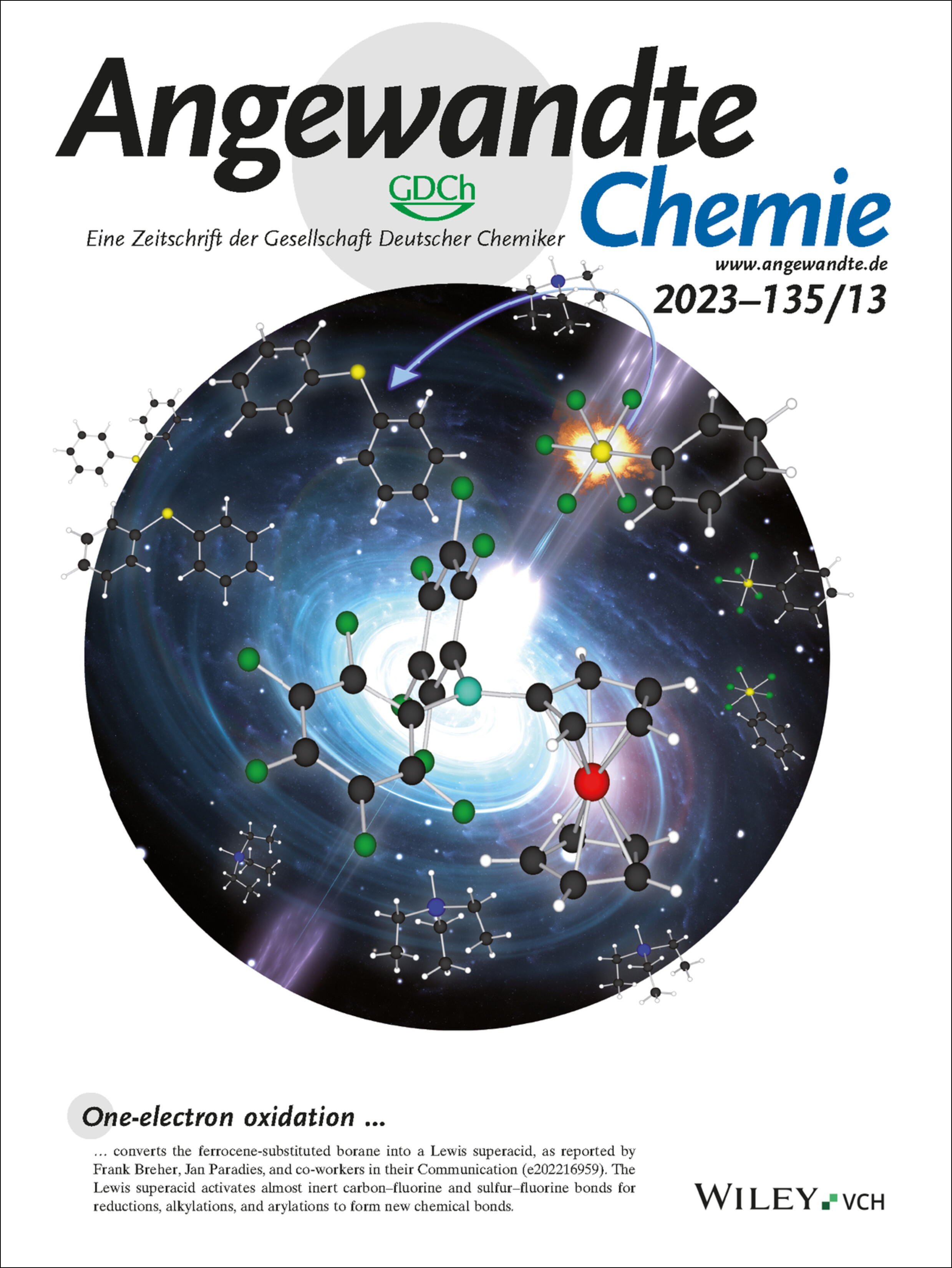 Rücktitelbild: Bor-Zentrierte Lewis-Supersäuren durch Redoxaktive Liganden: Anwendung in der C-F- und S-F-Bindungsaktivierung (Angew. Chem. 13/2023) Volume 135 Issue 13, 2023