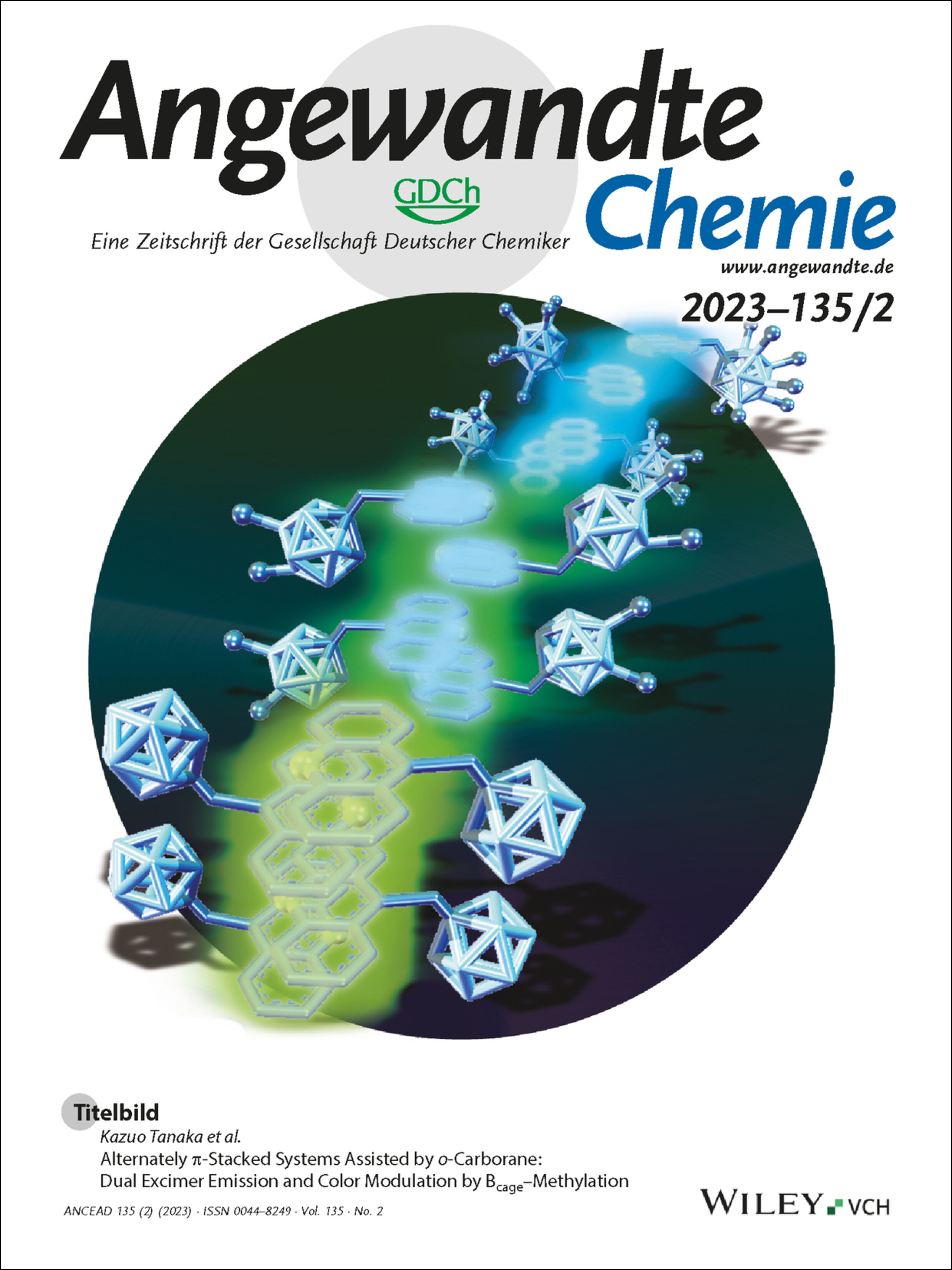 Titelbild: Alternately π-Stacked Systems Assisted by o-Carborane: Dual Excimer Emission and Color Modulation by Bcage-Methylation (Angew. Chem. 2/2023) Volume 135 Issue 2, 2023