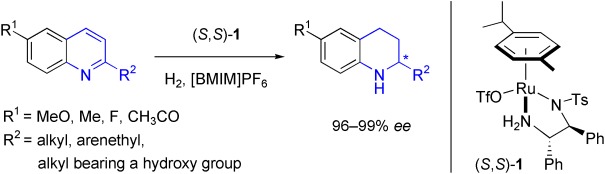 Hydrogenation of Quinolines Using a Recyclable Phosphine-Free Chiral Cationic Ruthenium Catalyst: Enhancement of Catalyst Stability and Selectivity in an Ionic Liquid