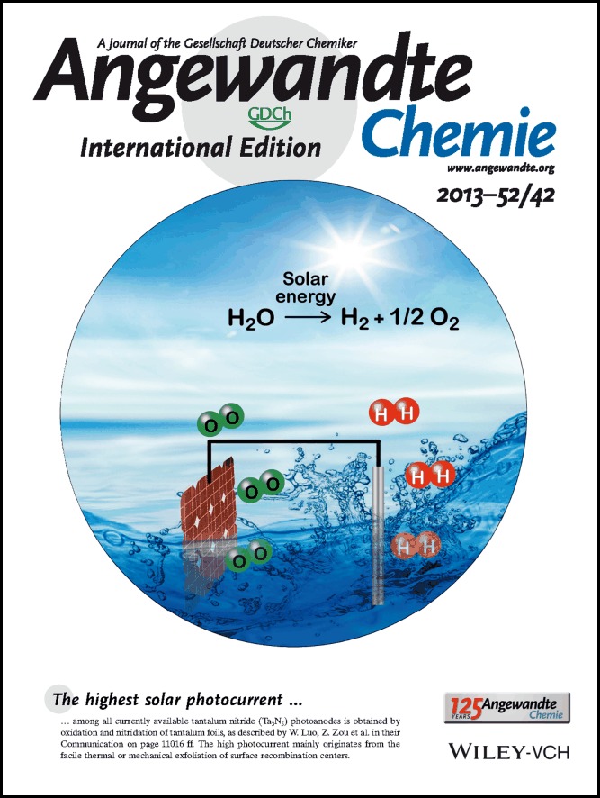 Inside Back Cover: A Co-catalyst-Loaded Ta3N5 Photoanode with a High Solar Photocurrent for Water Splitting upon Facile Removal of the Surface Layer (Angew. Chem. Int. Ed. 42/2013)