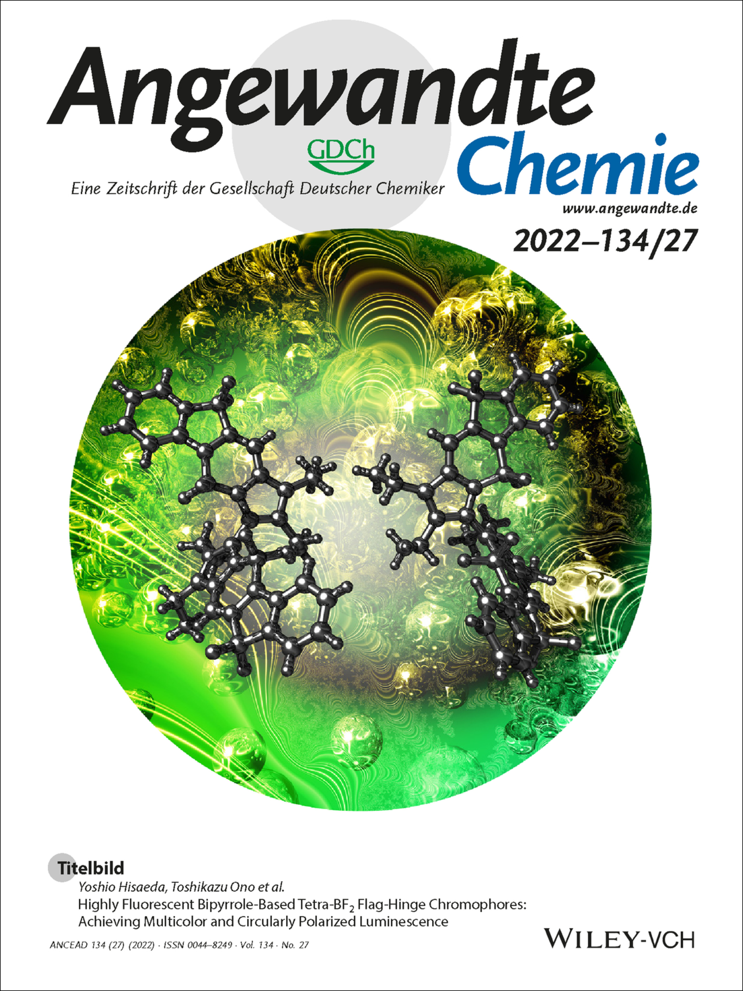 Titelbild: Highly Fluorescent Bipyrrole-Based Tetra-BF2 Flag-Hinge Chromophores: Achieving Multicolor and Circularly Polarized Luminescence (Angew. Chem. 27/2022) Volume 134 Issue 27, 2022