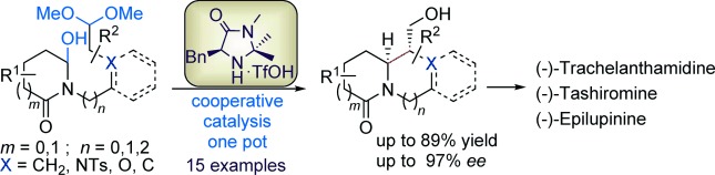 Organocatalytic Asymmetric Mannich Cyclization of Hydroxylactams with Acetals: Total Syntheses of (−)-Epilupinine, (−)-Tashiromine, and (−)-Trachelanthamidine