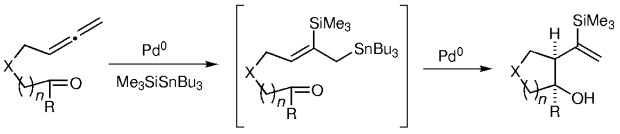 Palladium-Catalyzed Regio- and Diastereoselective Tandem Silastannylation/Allyl Addition of Allene Aldehydes and Allene Ketones: Synthesis of cis Cyclopentanols and Cyclohexanols