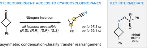 Nitrogen Insertion via Asymmetric Condensation and Chirality Transfer: A Stereodivergent Entry to Cyanocyclopropanes