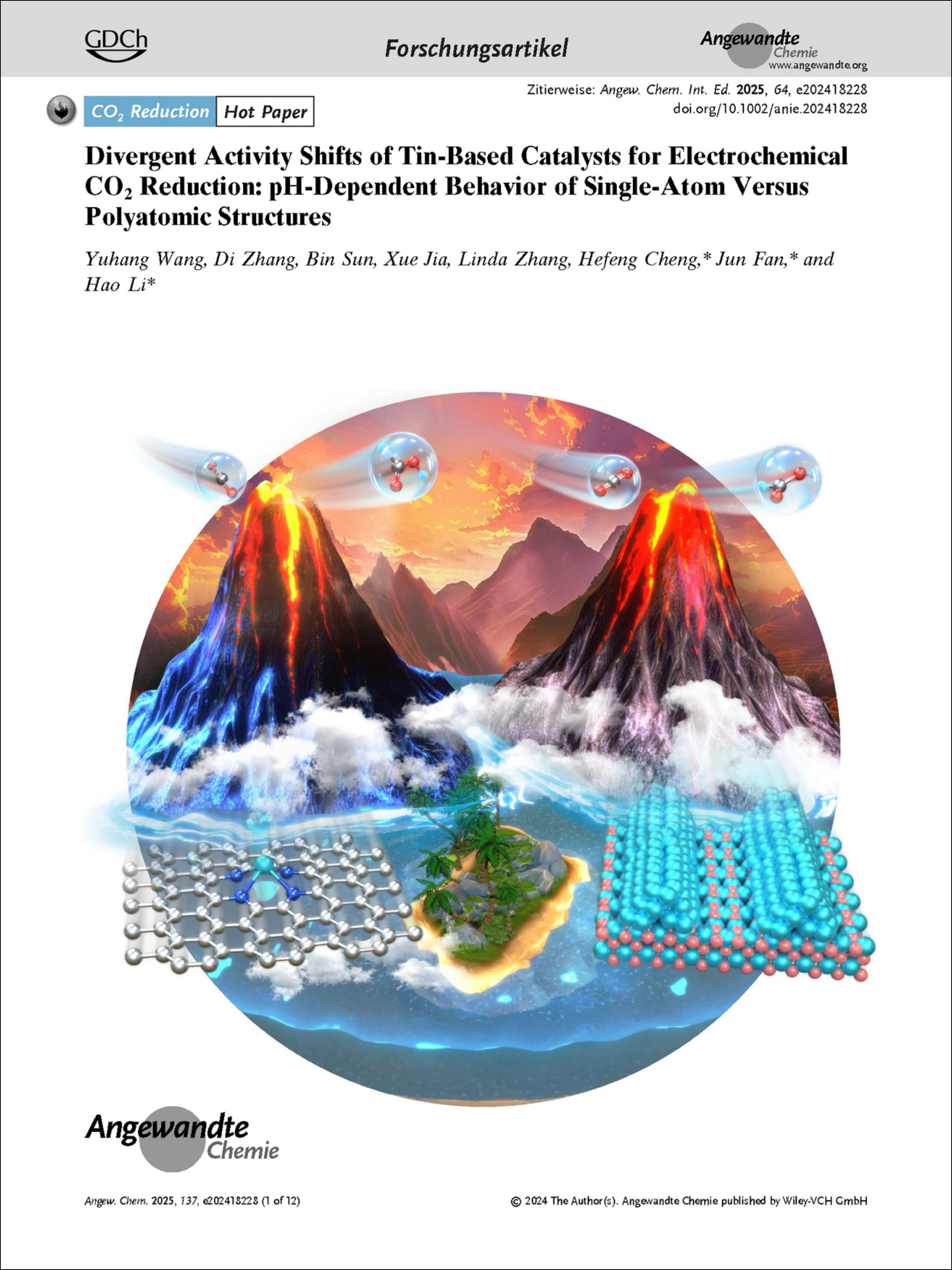 Frontispiz: Divergent Activity Shifts of Tin-Based Catalysts for Electrochemical CO2 Reduction: pH-Dependent Behavior of Single-Atom Versus Polyatomic Structures Volume 137 Issue 8, 2025