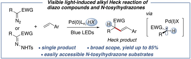 Visible Light Induced Brønsted Acid Assisted Pd-Catalyzed Alkyl Heck Reaction of Diazo Compounds and N-Tosylhydrazones
