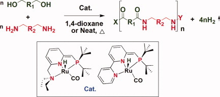 Synthesis of polyamides from diols and diamines with liberation of H2