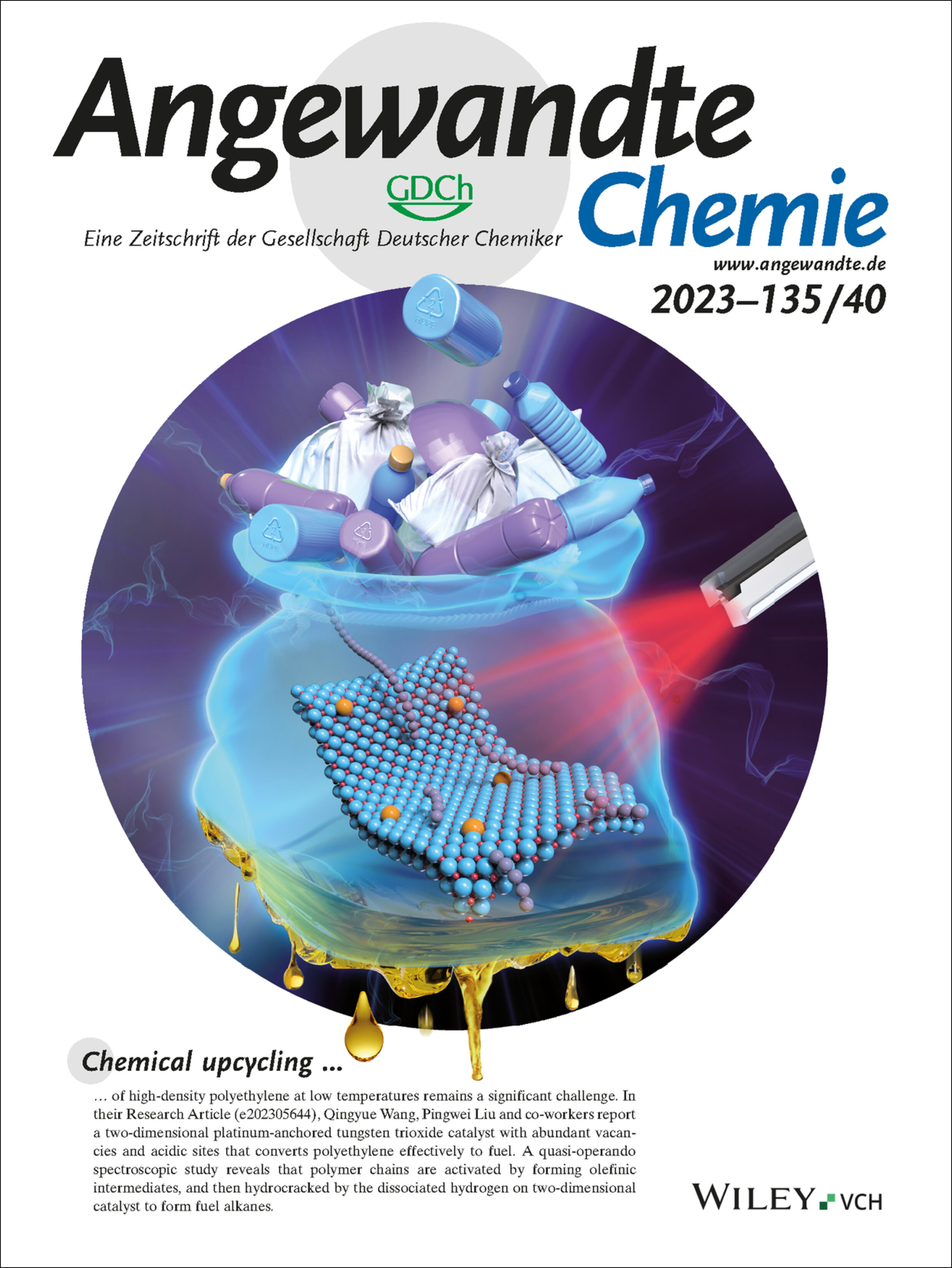 Innentitelbild: Mechanistic Understanding of Efficient Polyethylene Hydrocracking over Two-Dimensional Platinum-Anchored Tungsten Trioxide (Angew. Chem. 40/2023) Volume 135 Issue 40, 2023