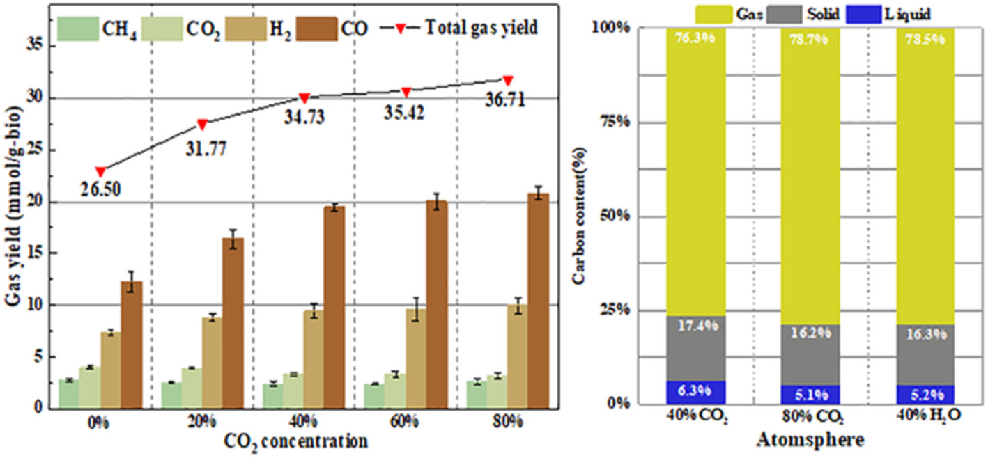 Effect of CO2 atmosphere on biomass pyrolysis and in-line catalytic reforming
