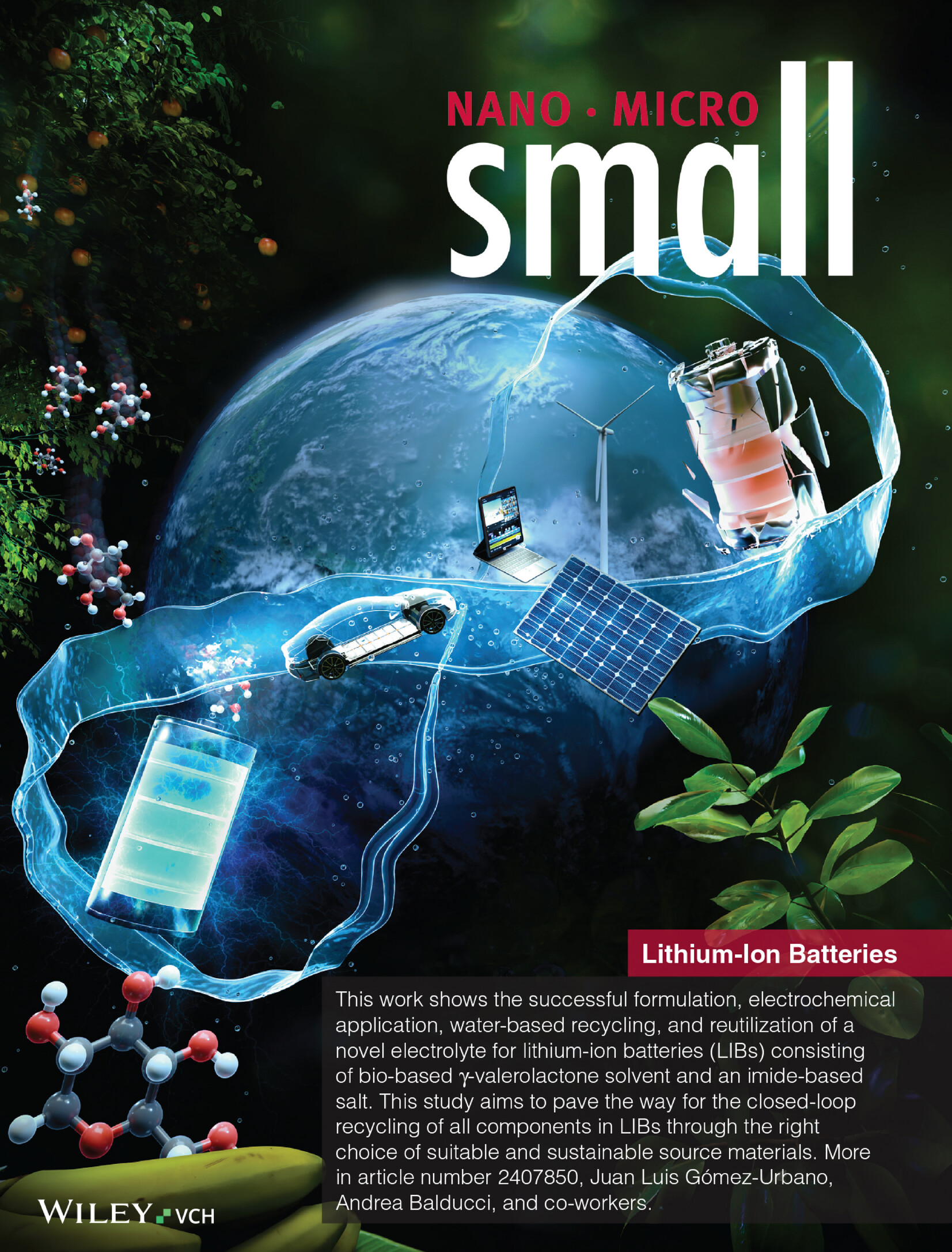Formulation and Recycling of a Novel Electrolyte Based on Bio-Derived γ-Valerolactone and Lithium Bis(trifluoromethanesulfonyl)imide for Lithium-Ion Batteries (Small 9/2025) Volume 21 Issue 9, 2025