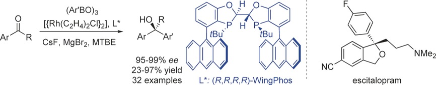 Highly Enantioselective Rhodium-Catalyzed Addition of Arylboroxines to Simple Aryl Ketones: Efficient Synthesis of Escitalopram
