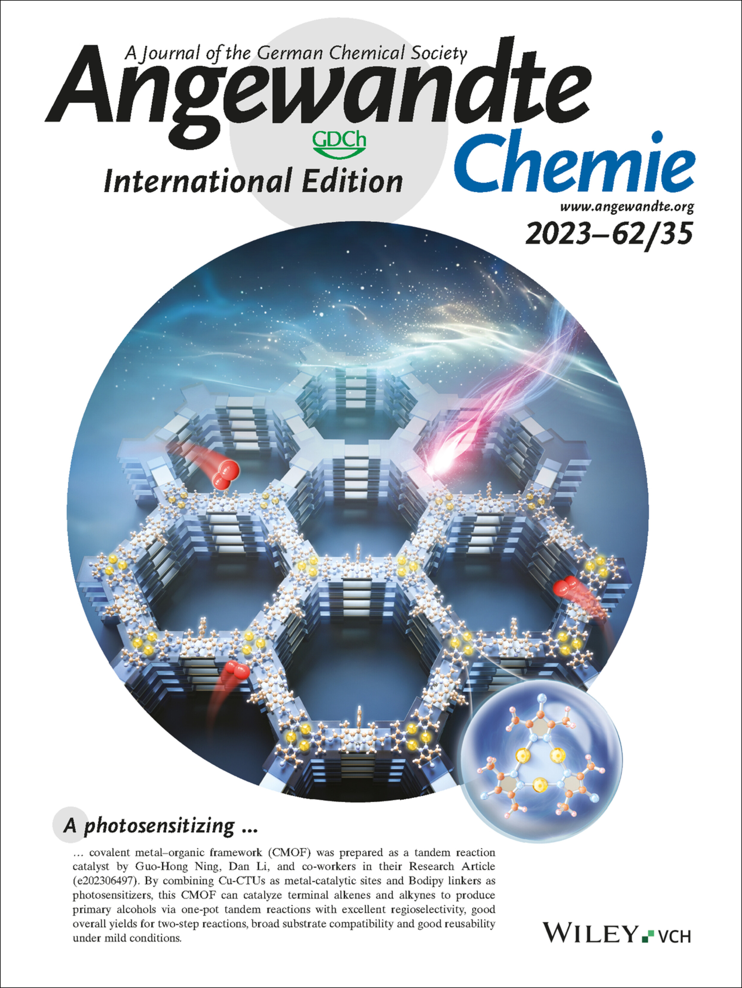 Back Cover: A Photosensitizing Metal–Organic Framework as a Tandem Reaction Catalyst for Primary Alcohols from Terminal Alkenes and Alkynes (Angew. Chem. Int. Ed. 35/2023) Volume 62 Issue 35, 2023