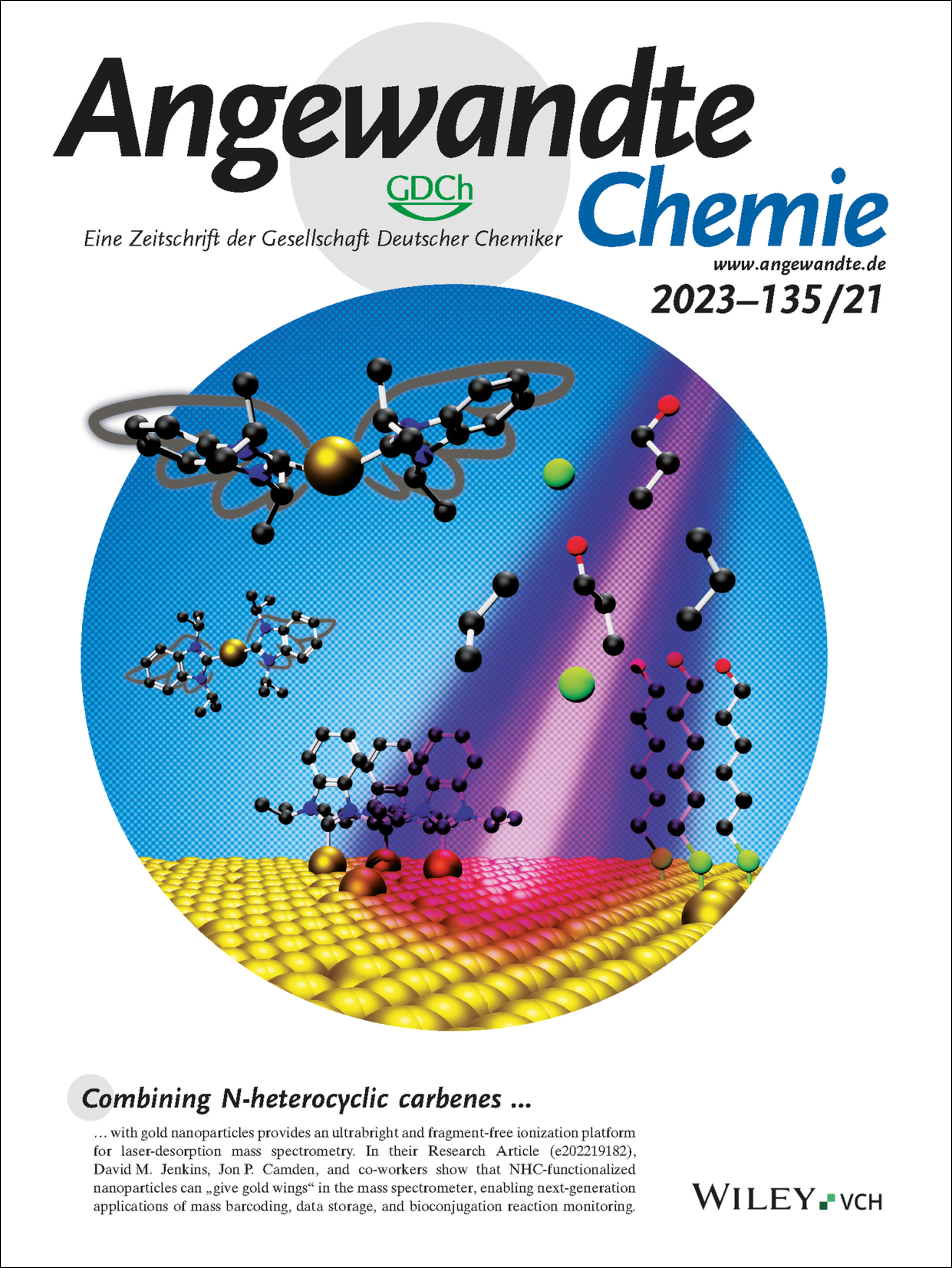 Innentitelbild: Giving Gold Wings: Ultrabright and Fragmentation Free Mass Spectrometry Reporters for Barcoding, Bioconjugation Monitoring, and Data Storage (Angew. Chem. 21/2023) Volume 135 Issue 21, 2023