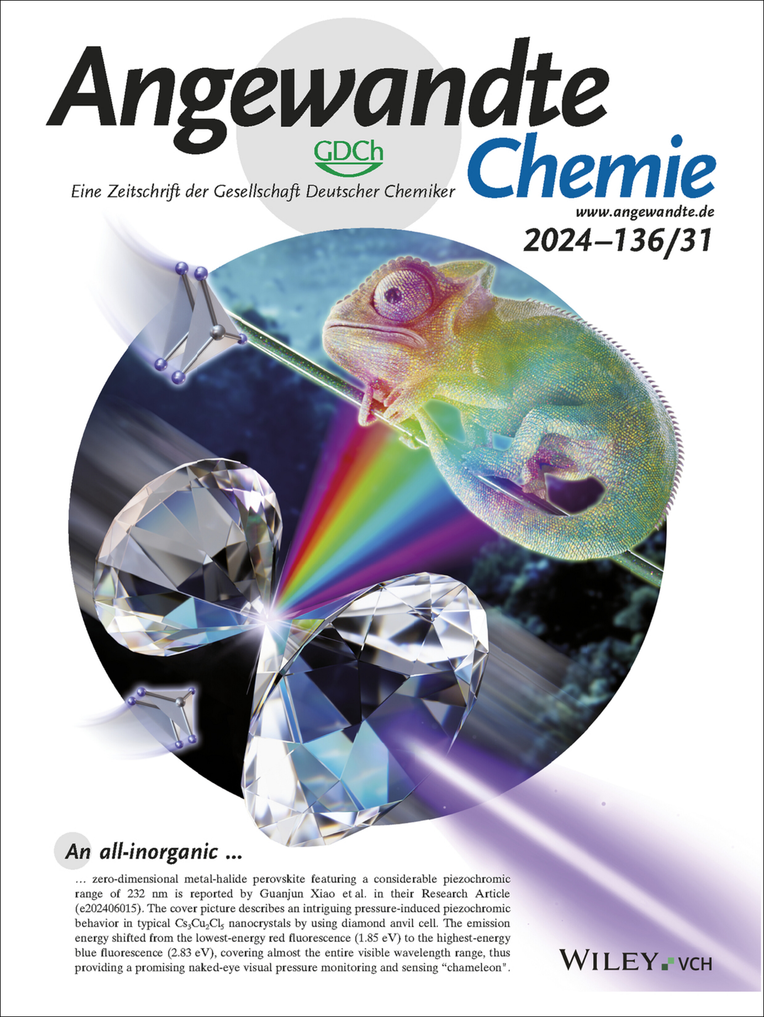 Rücktitelbild: Considerable Piezochromism in All-Inorganic Zero-Dimensional Perovskite Nanocrystals via Pressure-Modulated Self-Trapped Exciton Emission (Angew. Chem. 31/2024) Volume 136 Issue 31, 2024
