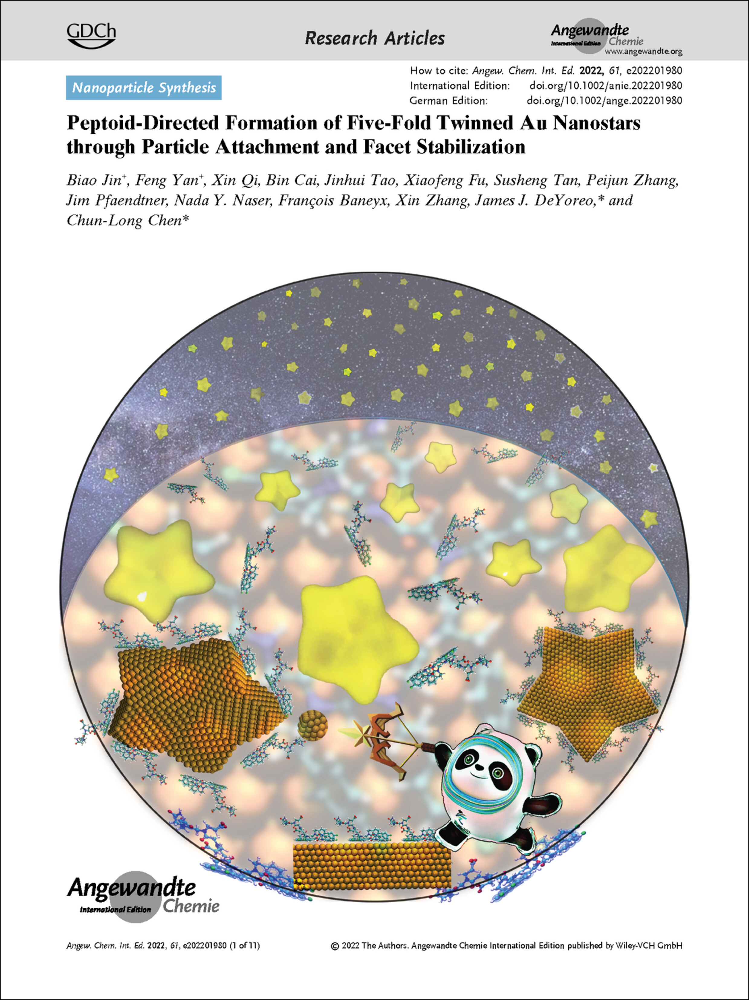 Frontispiece: Peptoid-Directed Formation of Five-Fold Twinned Au Nanostars through Particle Attachment and Facet Stabilization Volume 61 Issue 14, 2022